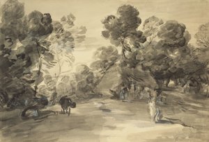 Zalesiony pejzaż z postaciami, chatą i krową, ok.1785 (pranie i kreda z gwaszem na papierze) autorstwa Thomas (after) Gainsborough