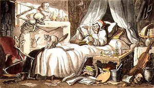 „Fungus, ilgainiui, sumano į savo kabinetą patekti/Mirties smiginį“, iš „English Dance of Death“ aludės. Rudolph Ackermann (1764-1834) 1814 (akvatinta)polis