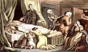 „Żadna scena nie jest tak błogosławiona w oczach cnoty / Jak umiera człowiek cnoty” z pubu „English Dance of Death”. autorstwa Rudolpha Ackermanna (1764-1834) 1814 (akwatinta)