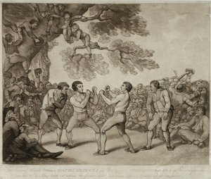 Mecz bokserski między Danielem Mendozą i Richardem Humphreysem w Stilton, Huntingdonshire, 6 maja 1789, grawerowany przez Josepha Grozera (c.1755-99) (grawerowanie) autorstwa Thomas (after) Rowlandson