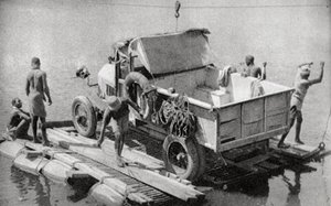 Przeprawa przez rzekę Chambesi na zepsutym pontonie, Rodezja Północna, 1925 1927