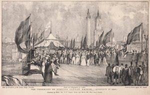 Ceremonia otwarcia London Bridge na tle Old London Bridge autorstwa Thomas Allom