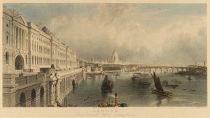 "Widok Londynu, Anglia, z budynku Somerset House Marine Building, z katedrą św. Pawła i mostem London Bridge". Litografia autorstwa Thomas Allom