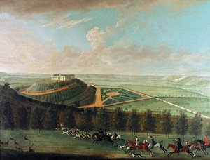 Widok na zamek Belvoir od południowego zachodu, z Belvoir Hunt w Full Cry, 1730