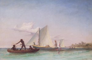 Długa Łódka Posłańca zaatakowana przez tubylców autorstwa Thomas Baines