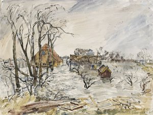 Zalana wyspa Walcheren (Holandia). Obraz autorstwa Thomasa Hennela (1903-1945), akwarela z 1944 r.