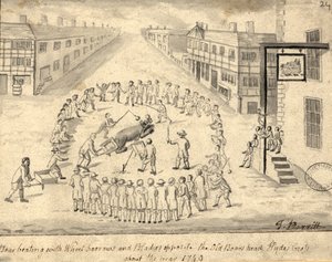 Przynęta na niedźwiedzia, Manchester, 1819 (pióro, tusz i wash na papierze)