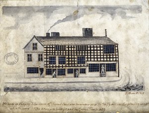 Stary dom na wiszącym rowie, Manchester, 1819 (pióro i atrament i pranie na papierze)