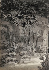 Widok przez drzewa w kierunku jednopiętrowego budynku (verso) autorstwa Thomas Baxter