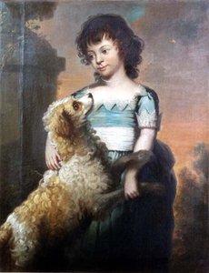Portret dziewczynki w niebieskiej sukience z psem