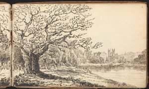 Album Studiów pejzażowych i figuralnych: Drzewa nad rzeką z zabudowaniami w oddali autorstwa Thomas Bradshaw