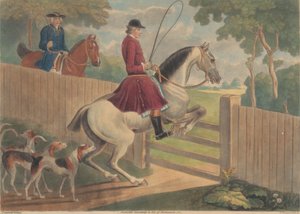 Caça [dois de um conjunto de doze]: 7. [Um cavaleiro colocando o cavalo em um portão] polonês autorstwa Thomas Burford