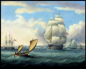 „Euryalus” (kapitan Blackwood), „Thunderer” i „Ajax” opuszczają Plymouth w drodze do Kadyksu i bitwy pod Trafalgarem (1805), na pierwszym planie Lugger autorstwa Thomas Buttersworth