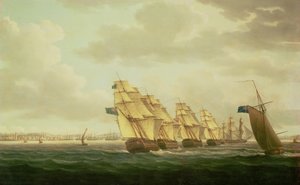 Nelson o „Tezeuszu” z eskadrą przybrzeżną u wybrzeży Kadyksu, lipiec 1797 r., autorstwa Thomas Buttersworth