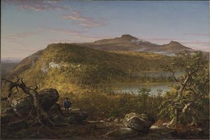 Widok na dwa jeziora i Mountain House, Góry Catskill, poranek autorstwa Thomas Cole
