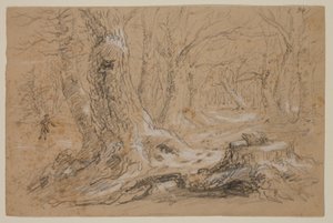 Drzewa zimą z mężczyzną stojącym nad zamarzniętym strumieniem (ołówek i gwasz na papierze) autorstwa Thomas Cole