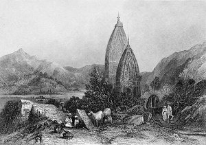 Hinduskie świątynie Mahadeo w górach Sivalic w Indiach, ryty: E. Finden, z „World Religion”, wyd. A. Fullarton & Co. (rycina)