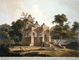 Antyczna świątynia hinduska w forcie Rotas, Bahar, tablica 12 z „Oriental Scenery: Twenty Four Views in Hindoostan”, opublikowana w 1796 r. (kolor litho) autorstwa Thomas Daniell