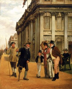 Historia mieszkańców, przed budynkiem King Charles Court w szpitalu Greenwich, mieszkaniec z drewnianą nogą, ubrany w regulaminowy mundur, rozmawia z odwiedzającą parą i ich synem, wokół nich dwóch innych mieszkańców