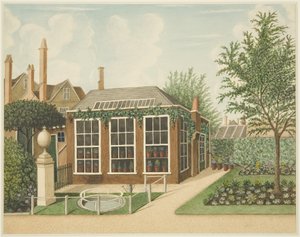 Widok na cieplarnię i mały basen ze żwirowej ścieżki na Placu św. Jakuba 14, ok. 1806 r. (akwarela i ołówek na papierze) autorstwa Thomas Dr Pole
