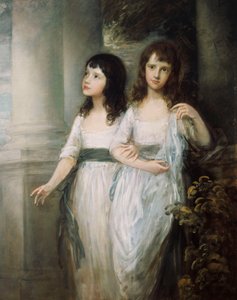 Grupowy portret panien Sloper, stojących prawie na całej długości w białych sukienkach z niebieskimi szarfami, autorstwa Thomas Gainsborough