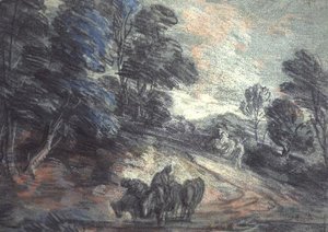 Zalesiony krajobraz z pijącymi końmi (pastel) autorstwa Thomas Gainsborough