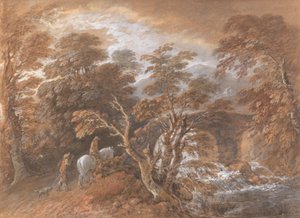 Pagórkowaty krajobraz z postaciami zbliżającymi się do mostu autorstwa Thomas Gainsborough
