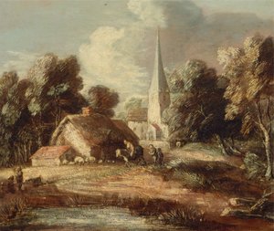 Krajobraz z chatą i kościołem, w latach 1771-1772. autorstwa Thomas Gainsborough