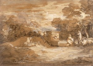 Pejzaż górski z figurami, owcami i fontanną, ok. 1785-88 (szary wash, olej i czarna kreda na papierze wykładanym) autorstwa Thomas Gainsborough
