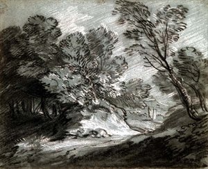No.0975 Zalesiony krajobraz z odległą górą (kreda na niebieskim papierze) autorstwa Thomas Gainsborough