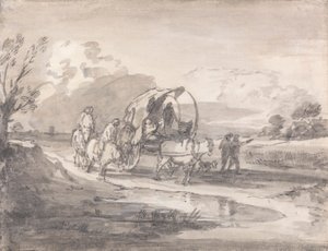 Otwarty krajobraz z jeźdźcami i krytym wózkiem autorstwa Thomas Gainsborough