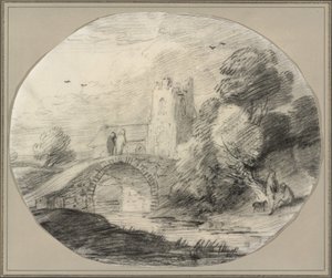 Krajobraz rzeczny z mostem i kościołem autorstwa Thomas Gainsborough