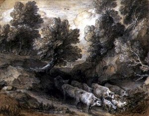 Zalesiony krajobraz z bydłem i kozami, ok. 1768-72 (czarno-biała kreda na papierze) autorstwa Thomas Gainsborough