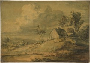 Zalesiony krajobraz z chatą, krowami i owcami autorstwa Thomas Gainsborough