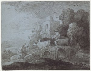Zalesiony krajobraz z pasterzem prowadzącym bydło (akwaforta na papierze) autorstwa Thomas Gainsborough