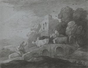 Zalesiony krajobraz z pasterzem prowadzącym bydło przez most, rustykalnymi kochankami i zrujnowanym zamkiem autorstwa Thomas Gainsborough