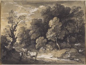 Pejzaż leśny z pasterzem i bydłem, ok. 1775-80 (czarna kreda i szaro-czarne rozmycia, podkreślone białym gwaszem na papierze kładzionym) autorstwa Thomas Gainsborough