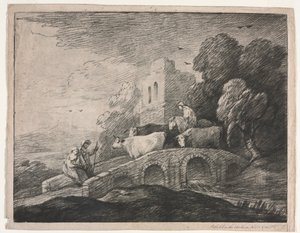 Zalesiony krajobraz z pasterzami prowadzącymi bydło, 1779-1780. autorstwa Thomas Gainsborough