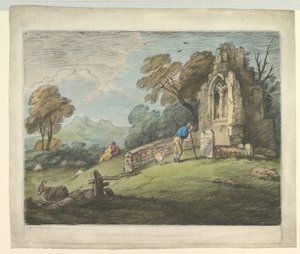 Zalesiony krajobraz z nagrobkiem czytającym chłopa, rustykalnymi kochankami i zrujnowanym kościołem, 1 sierpnia 1797 r. autorstwa Thomas Gainsborough