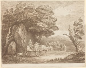 Zalesiony krajobraz z dwoma wiejskimi wózkami i postaciami autorstwa Thomas Gainsborough
