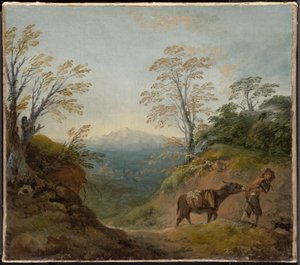 Leśny krajobraz z chłopcem prowadzącym osła i psa oraz rozległą panoramą z budynkami i odległymi wzgórzami autorstwa Thomas Gainsborough
