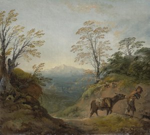 Zalesiony krajobraz z chłopcem prowadzącym osła i psa oraz rozległa panorama z budynkami i odległymi wzgórzami, początek lat 60. XVIII wieku autorstwa Thomas Gainsborough