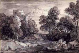 Pejzaż leśny z zamkiem (kreda i węgiel na papierze) autorstwa Thomas Gainsborough