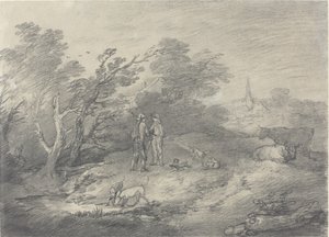 Lasy w pobliżu wioski z łapaczami królików i ich chartami autorstwa Thomas Gainsborough