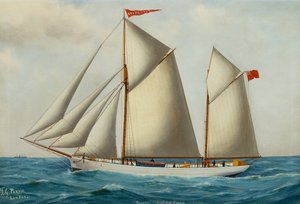 Przedni i rufowy szkuner Grovehill w pełnym żaglu (olej na płótnie) autorstwa Thomas George Purvis