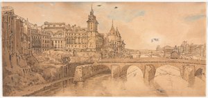 Wybór dwudziestu najbardziej malowniczych widoków w Paryżu: Widok na Pont au Change, Teatr Miejski, Pont Neuf, Więzienie Conciergerie i zaczerpnięte z Pont Notre Dame autorstwa Thomas Girtin