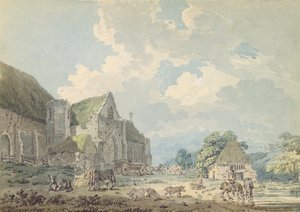 Stodoła dziesięciny w Abbotsbury z opactwem na wzgórzu..., ok. 1795 (wc nad grafitem na papierze) autorstwa Thomas Girtin
