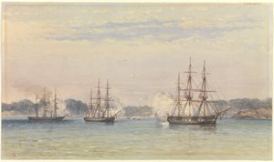 Wojna chińska 1857 r., trzy okręty HM bombardujące i łodzie okrętowe na lądzie autorstwa Thomas Goldsworth Dutton