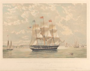 Statek New York and London Packet Victoria (wpływający do portu w Nowym Jorku), ok. 1839-44 (litografia, kolorowana) autorstwa Thomas Goldsworth Dutton