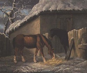 Zimowy pejzaż z dwoma końmi pasącymi się przed stajnią (dat. 1804)